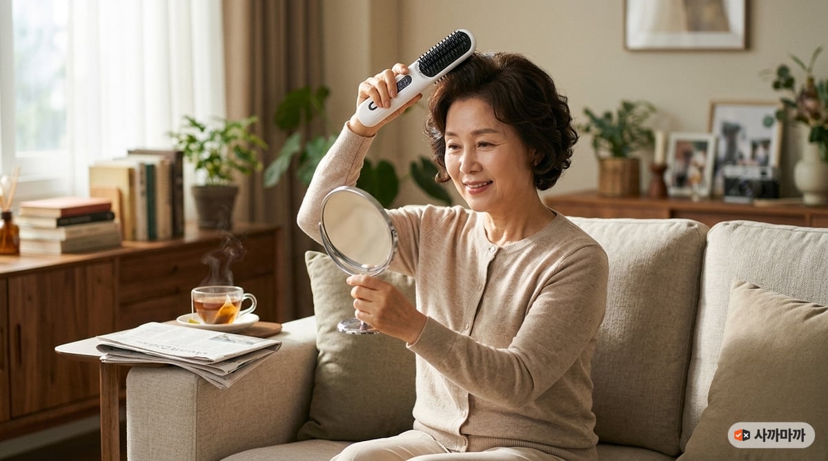 거실 소파에서 무선 브러쉬 스타일러로 짧은 파마머리 뿌리 볼륨을 살리는 60대 한국 여성