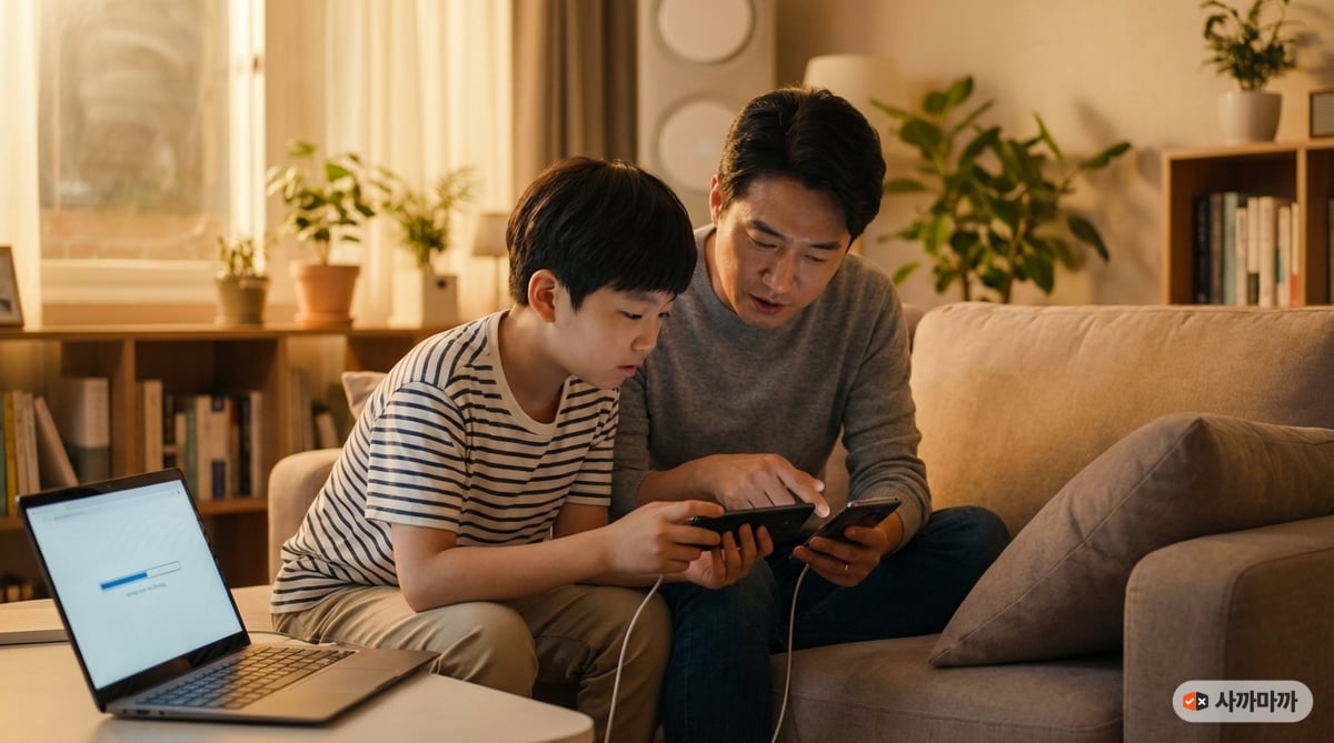 아들에게 자신의 이전 스마트폰 데이터를 옮겨주며 세팅하는 한국인 아버지