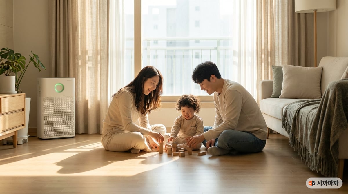 미세먼지 농도가 높은 날 거실 공기청정기 옆에서 아이와 놀고 있는 한국 가족