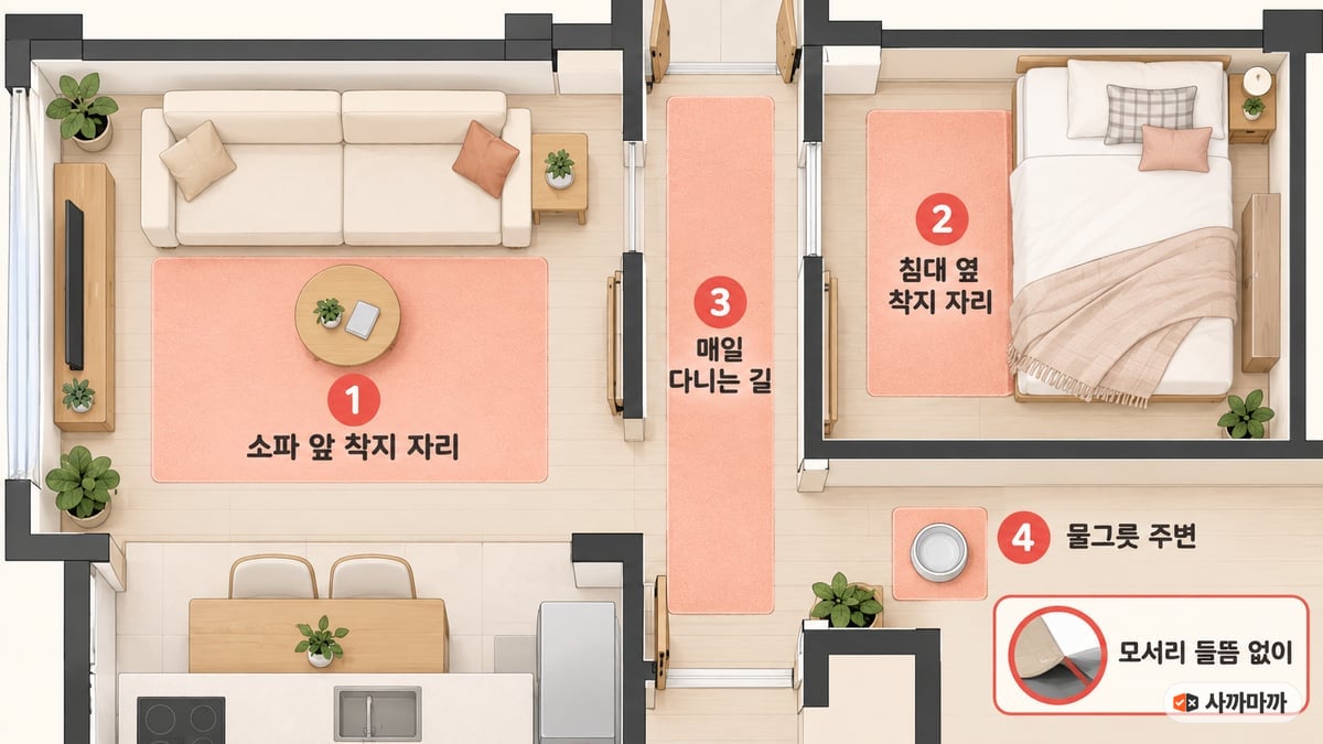 아파트 평면도에 강아지 매트를 깔 자리 네 곳 표시: 1 소파 앞 착지 자리, 2 침대 옆 착지 자리, 3 매일 다니는 길, 4 물그릇 주변, 모서리 들뜸 없이