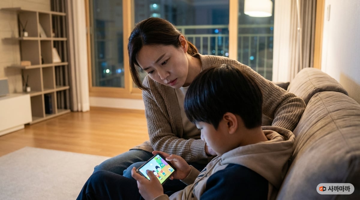 소파에서 스마트폰에 빠진 아이를 걱정스럽게 바라보는 한국인 엄마