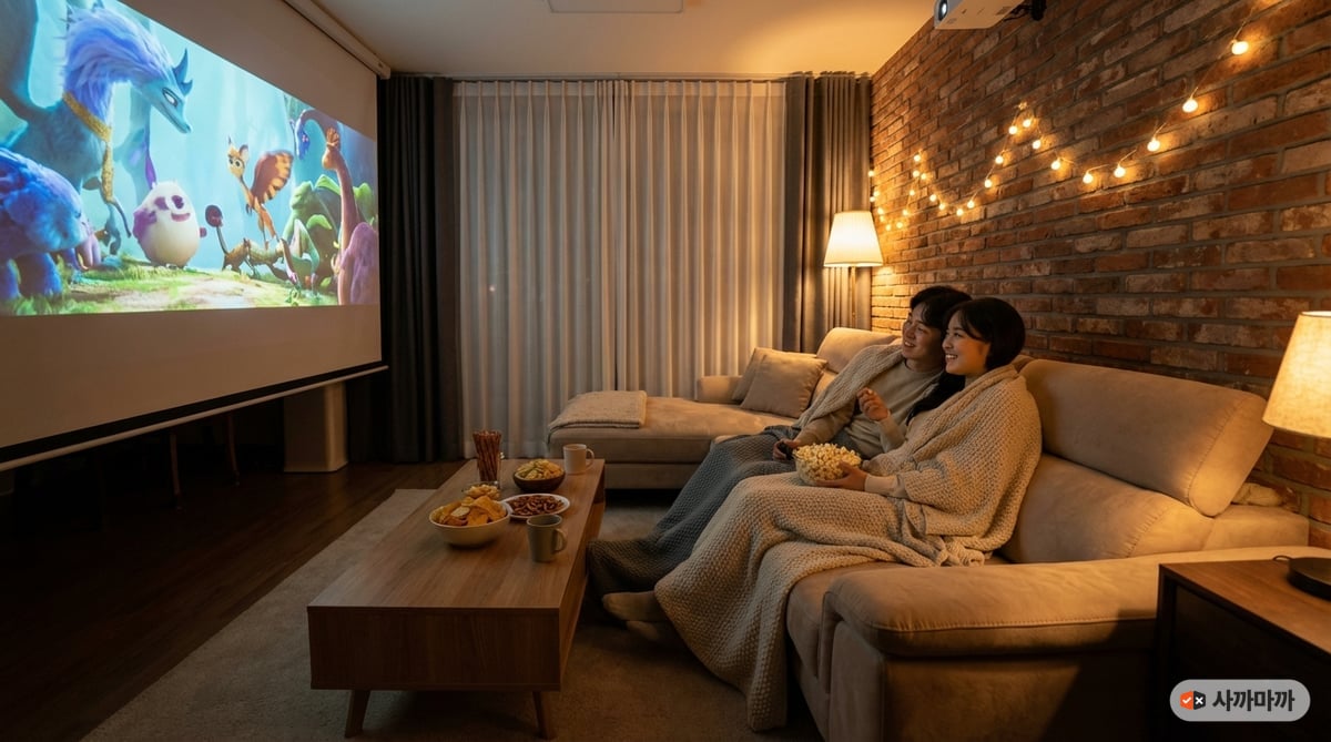 아늑한 거실에서 프로젝터로 대형 화면 영화를 보며 데이트하는 30대 한국 커플