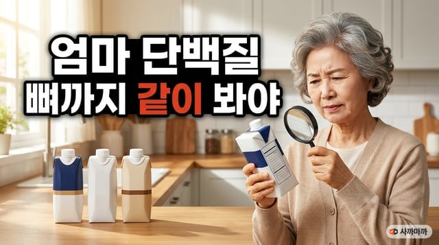 단백질 음료 영양표를 돋보기로 살피는 70대 여성 (AI 연출 이미지)
