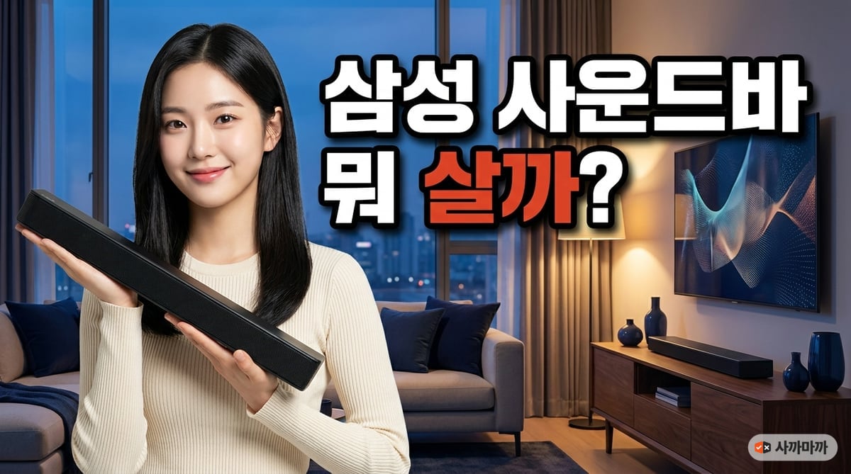 삼성 사운드바를 손에 들고 '뭐 살까?' 고민하는 여성 — 저녁 거실 배경