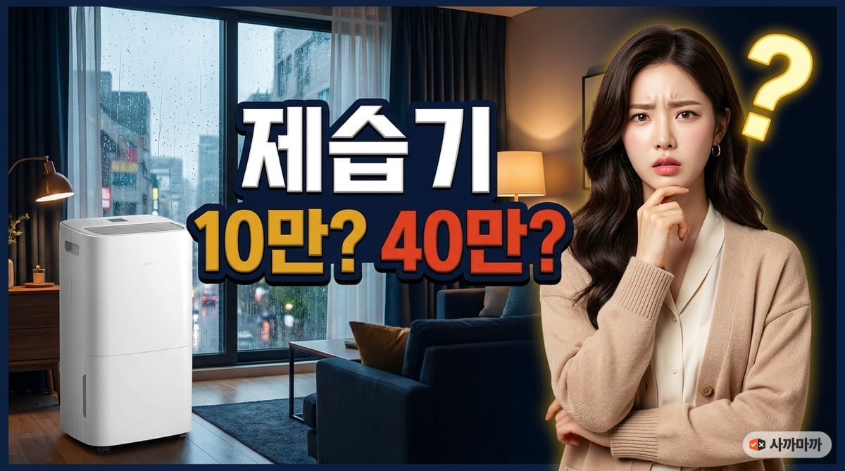 제습기 10만 원과 40만 원 사이에서 고민하는 여성과 장마철 빗방울 맺힌 거실에 놓인 제습기 썸네일
