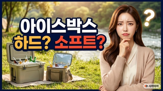 강변 캠핑장에서 하드 아이스박스와 소프트 쿨러백을 두고 고민하는 여성 썸네일