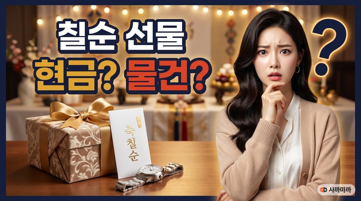 칠순 선물로 현금과 물건 사이에서 고민하는 딸, 선물상자와 축의금 봉투·손목시계가 놓인 잔치 테이블