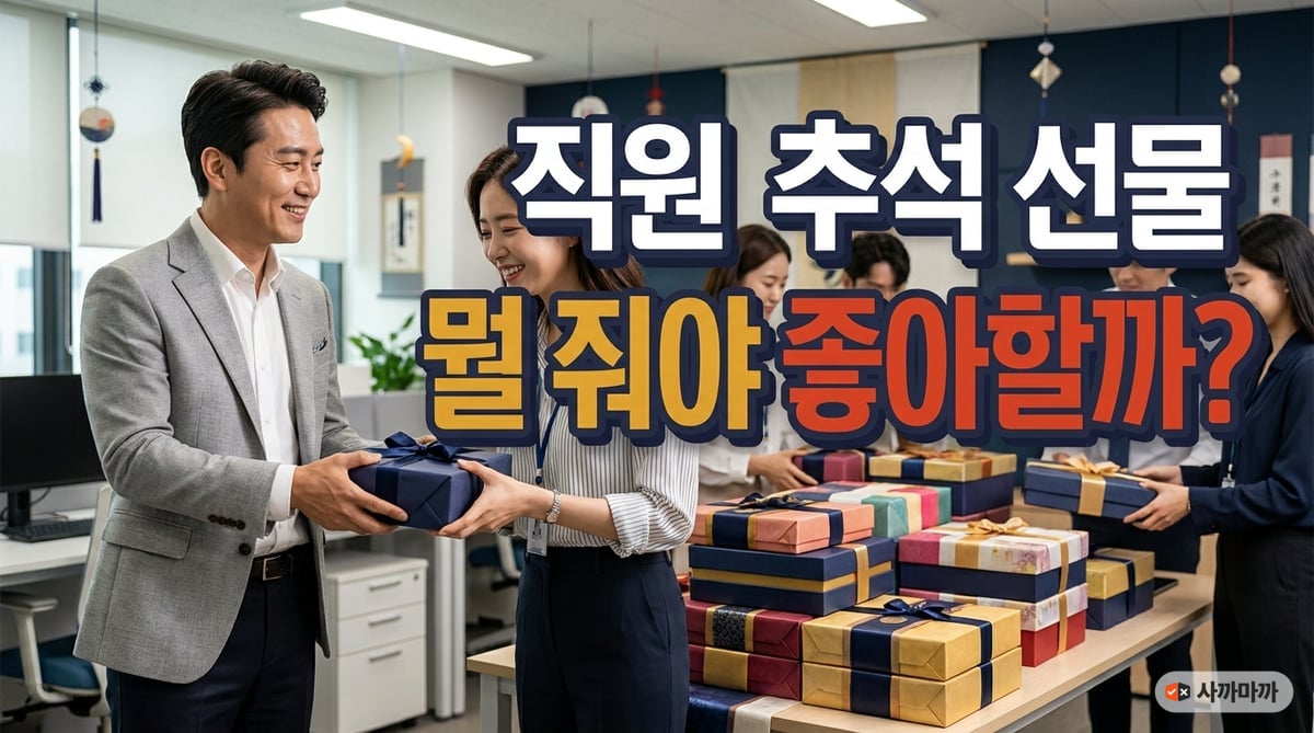 명절 분위기 사무실에서 40대 대표가 직원에게 추석 선물 상자를 건네는 장면
