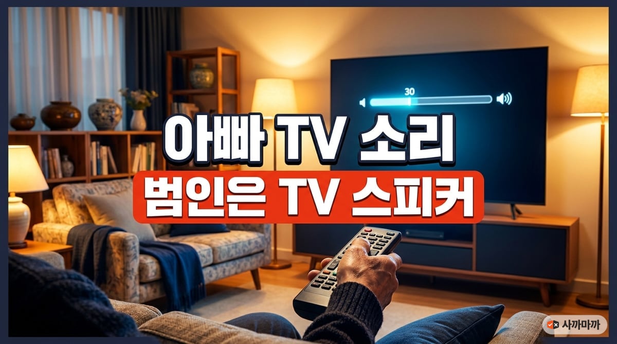 볼륨 30이 표시된 거실 TV를 향해 리모컨을 든 어르신의 손 — 부모님 TV 소리 문제의 범인은 TV 스피커