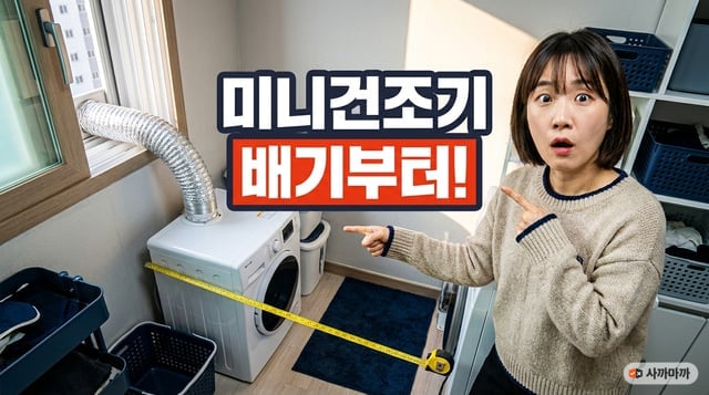 좁은 원룸에서 미니 건조기 배기 호스와 설치 폭을 확인하는 30대 한국인 여성