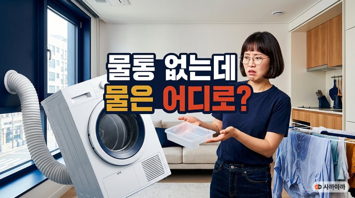 물통이 없는 미니 건조기 옆에서 배기 호스와 빈 물통을 보며 의아해하는 원룸 거주자