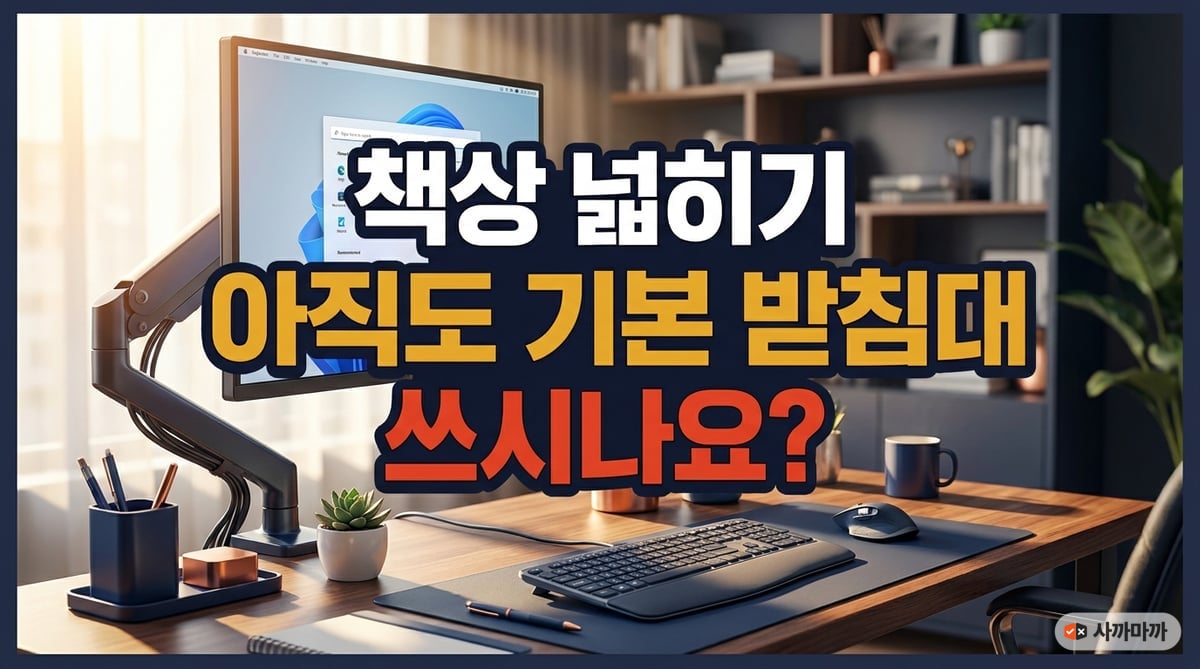 아침 햇살이 비치는 깔끔한 홈 오피스 책상에 모니터암으로 띄워진 모니터가 설치되어 있어 케이블이 정리된 넓은 작업 공간을 보여줍니다.