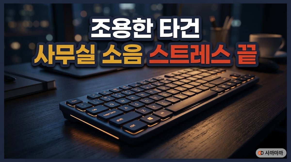 어두운 밤 조용한 책상 위에 놓인 깔끔한 디자인의 무소음 키보드입니다. 은은한 키보드 백라이트가 켜져 있으며, 차분하고 집중하기 좋은 업무 환경의 분위기를 연출합니다.