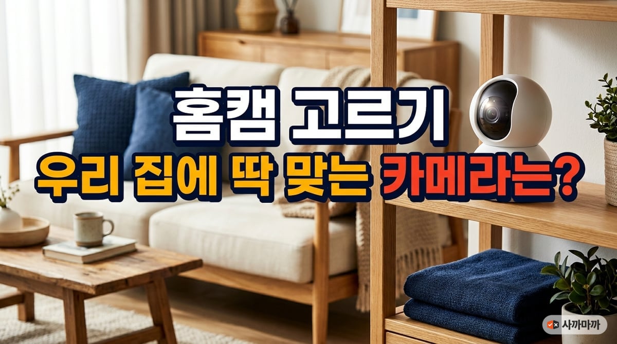 따뜻한 햇살이 들어오는 거실 선반 위에 작고 하얀 스마트 홈캠이 놓여 있는 모습입니다. 깔끔하고 아늑한 인테리어와 잘 어울리는 디자인을 보여줍니다.