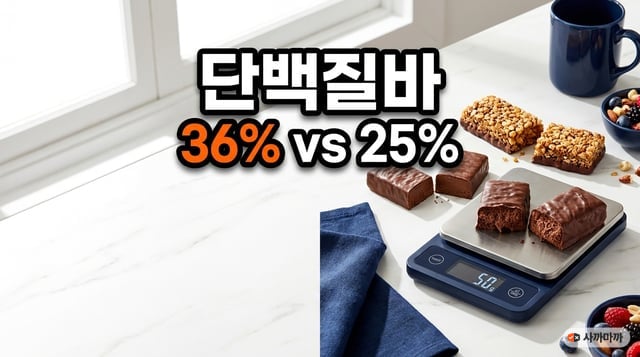 크기가 다른 단백질바 세 개를 반으로 쪼개 단면을 나란히 놓고 주방 저울과 함께 촬영한 사진