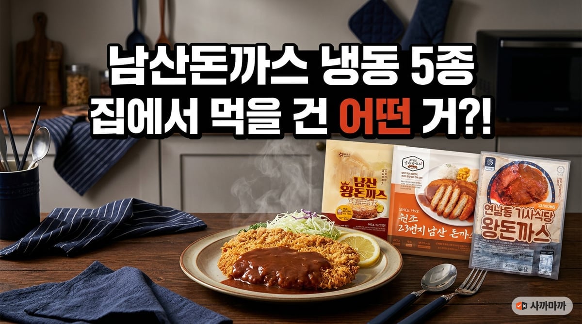 남산돈까스 냉동 5종 비교 — 접시 위 소스를 얹은 큰 경양식 돈까스 옆에 아워홈 남산 왕돈까스, 원조23번지, 연남동기사식당 포장지