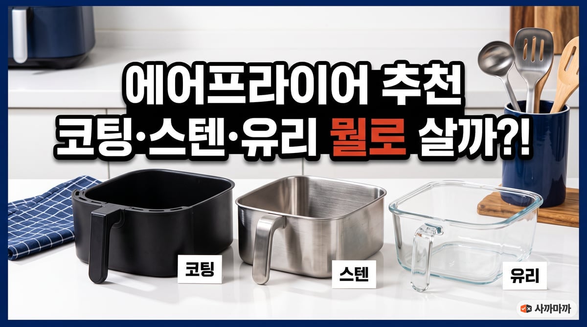 조리대 위에 검은 코팅 바스켓, 스테인리스 바스켓, 투명 유리 바스켓을 나란히 놓고 각각 코팅·스텐·유리 이름표를 붙인 에어프라이어 추천 썸네일