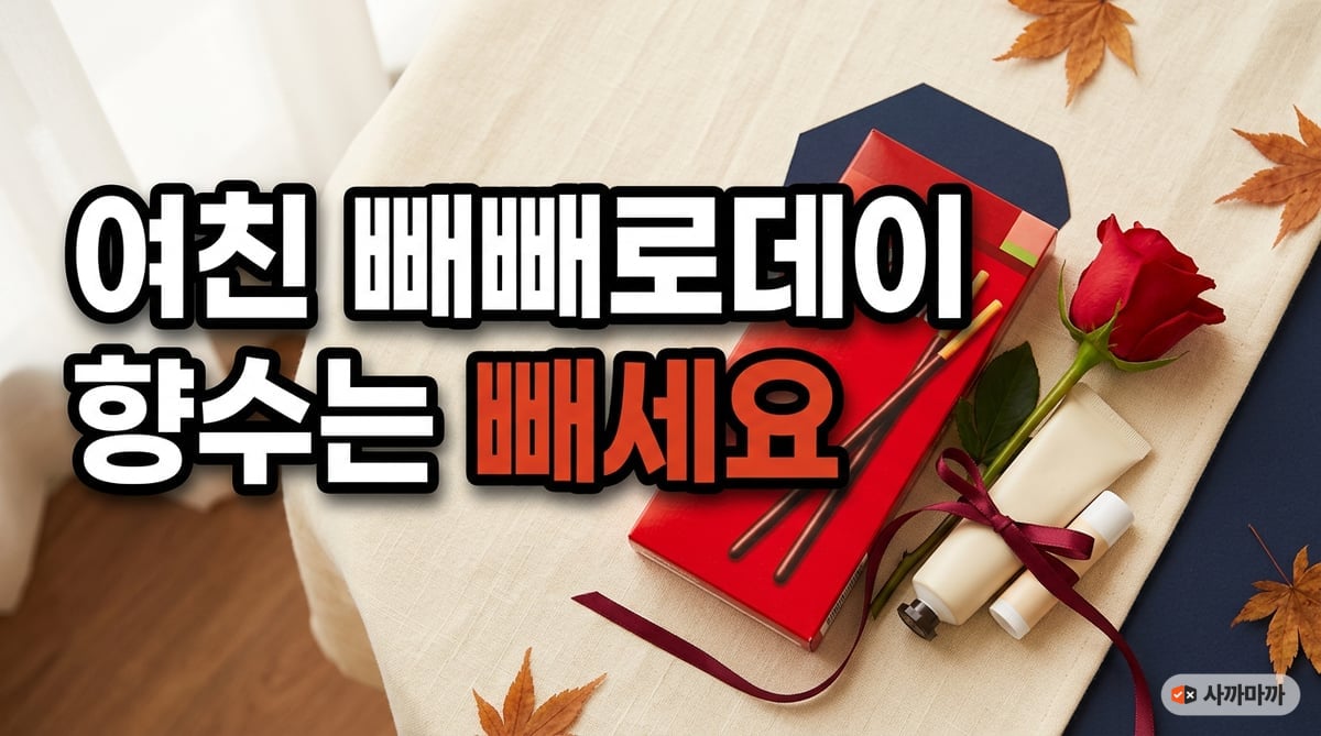 빼빼로 상자 옆에 장미 한 송이와 핸드크림, 립밤을 리본으로 묶은 여자친구 빼빼로데이 선물